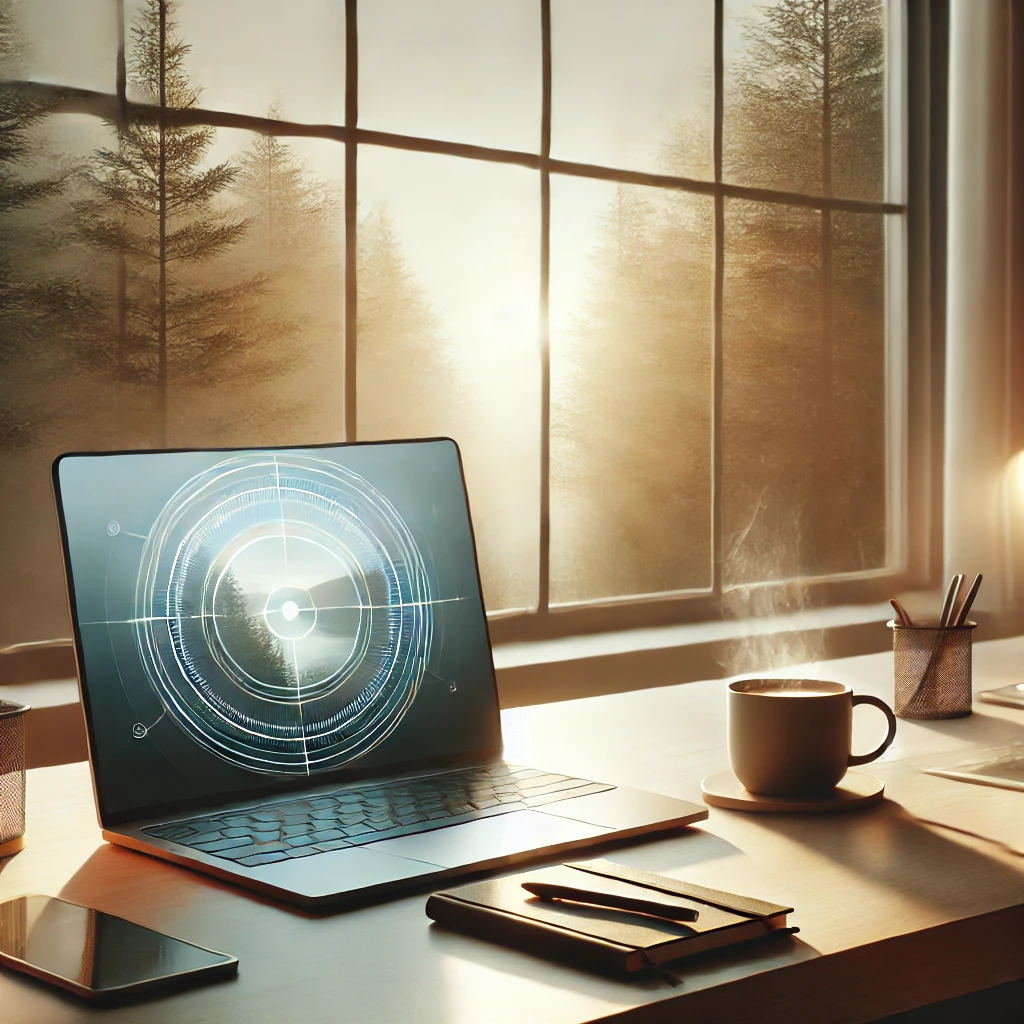 A-serene-workspace-setting-featuring-a-minimalist-desk-with-a-glowing-laptop-a-cup-of-coffee-and-a-notebook-bathed-in-soft-natural-light.-In-the-ba